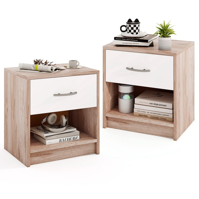 Gymax 2 PCS Nightstand w/ Drawer Side Table w/ Slide-out Drawer Open Storage Shelf Oak & White