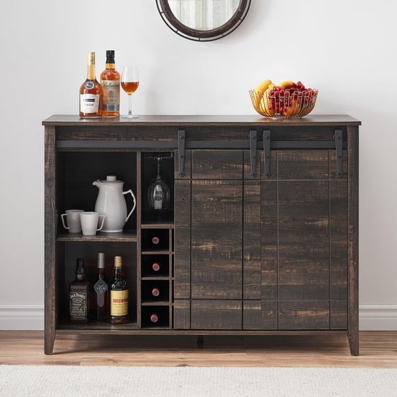 Armoire de Bar à Vin de 47 Pouces avec Porte Coulissante / Station de Spiritueux et de Café Style Ferme pour Salon