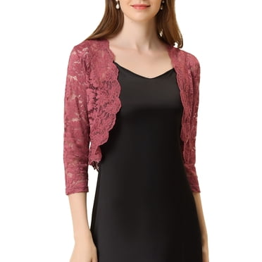 INSPIRE CHIC Boléro Ouvert Élégant pour Femme de la Saint-Patrick à Manches 3/4 en Dentelle Transparente à Motif Floral Rouge Brique L