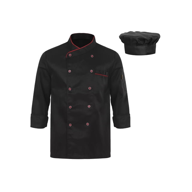 dPois Men Personalized Chef Coat With Hat Unisex Chef Jacket Kitchen Work Uniform Hotel Restaurant Workwear Black02 3XL