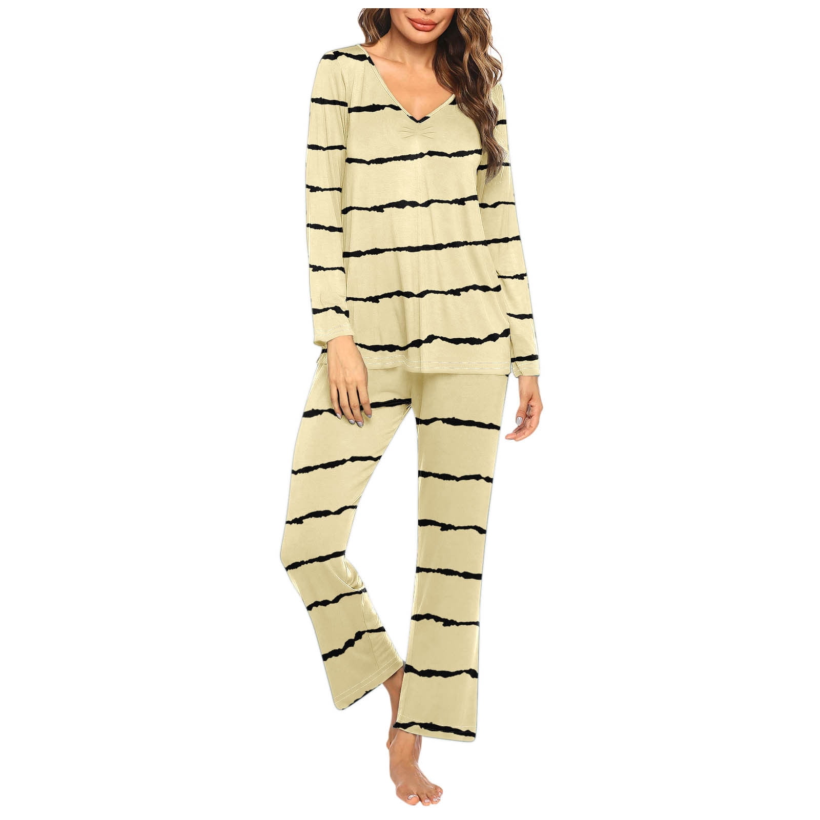 Timegard Pajamas Sets for Women 2 Piece Stripted Long Sleeve V Neck Ruched Top and Pants Fall Pjs Outfits