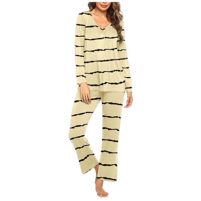 Timegard Ensembles de Pyjamas pour Femmes 2 Pcs à Rayures Manches Longues Col en V Haut Froncé et Pantalon Tenues de Pjs d'Automne
