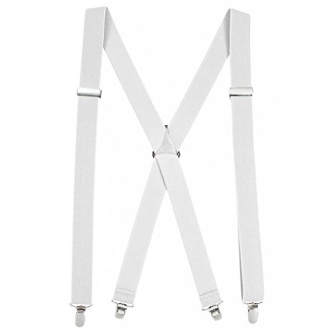 Mens Elastic X-Back Adjustable Straight Clip On Suspenders - White (Regular 46" Long)