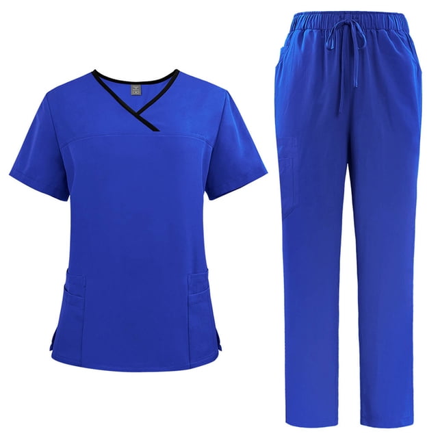 Ensemble de Sarrau Jogger 2 Pcs pour Femmes, Uniformes d'Infirmière Classiques et Tendance, Hauts à Manches Courtes à Encolure Croisée et Pantalons, Uniforme Médical, Bleu, M