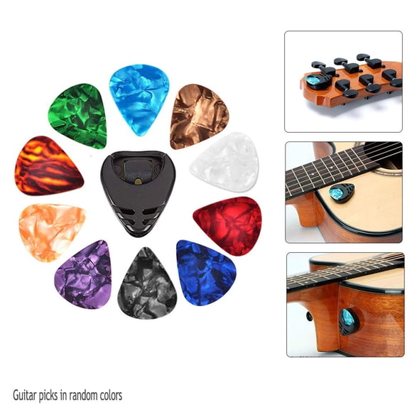 Guitar Pick Set – 10 Pcs with Stick-on Holder – 0.71mm Picks – Acoustic, Electric, Bass & Ukulele – Random Colors