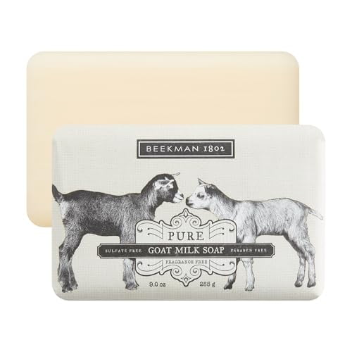 Beekman 1802 Goat Milk Body Soap Bar, Pure - Fragrance Free - 9 oz - Nourishes, Moisturizes & Hydrates - 100% Vegetable Soap with Lactic Acid - Good for Sensitive Skin - Cruelty Free