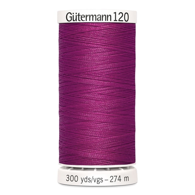 Gutermann 120 100% polyester all purpose thread spool in purple, tightly wound with 300 yards (274 meters) length, ideal for machine and hand sewing cotton, synthetic, and wool fabrics, also suitable for craft and DIY projects.