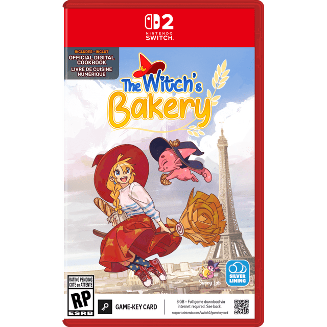 The Witch's Bakery Nintendo Switch 2 game cover featuring Lunne, a cheerful witch with a blonde braid, red hat, and star-patterned skirt, holding a baguette and a large magical broom, accompanied by a pink flying cat wearing a witch hat, set against a stylized Paris skyline with the Eiffel Tower, representing a cozy adventure RPG.
