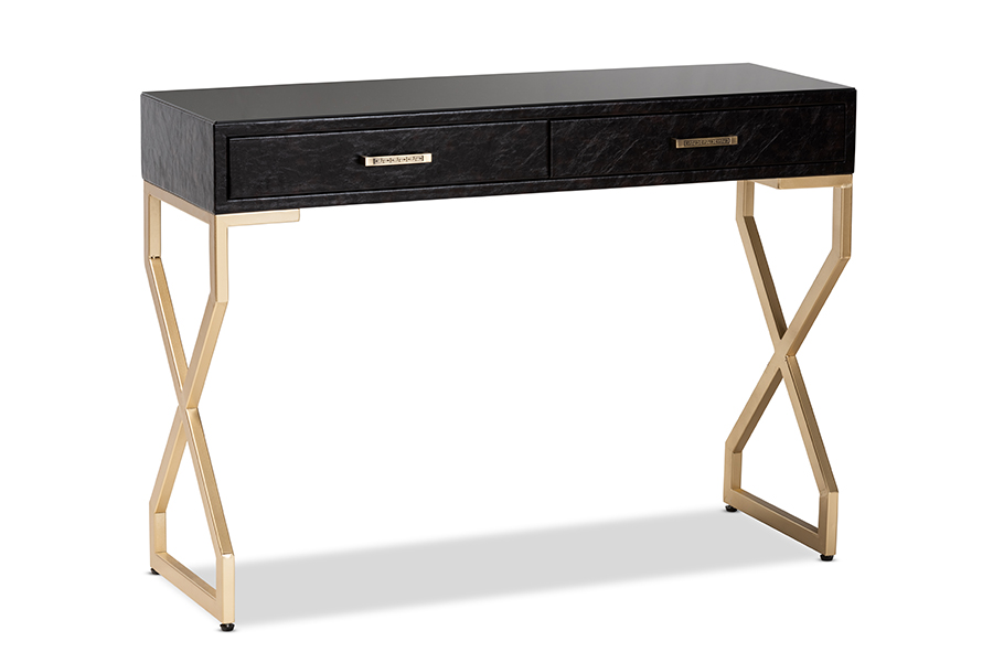 Baxton Studio Carville Table Console Moderne et Contemporaine à 2 Tiroirs, Rembourrée en Similicuir Brun Foncé, Finition Dorée