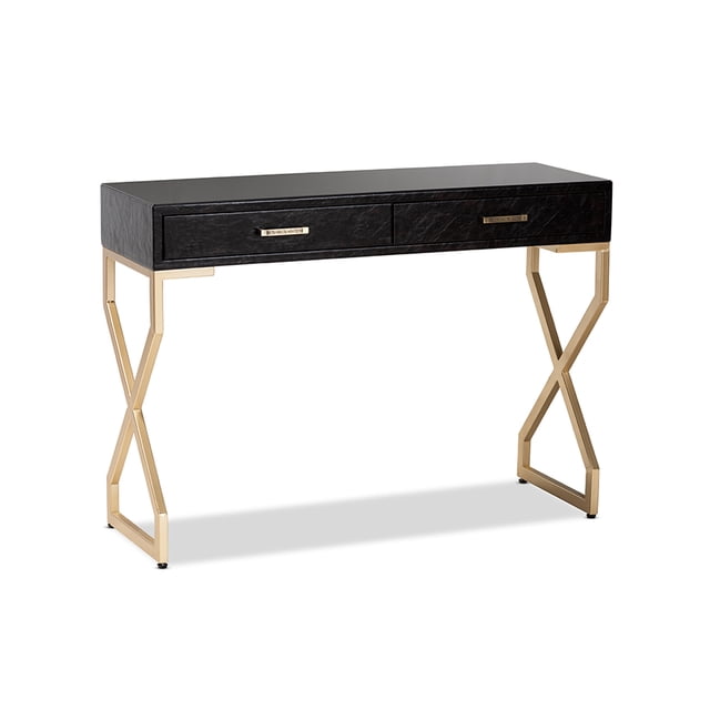 Baxton Studio Carville Table Console Moderne et Contemporaine à 2 Tiroirs, Rembourrée en Similicuir Brun Foncé, Finition Dorée