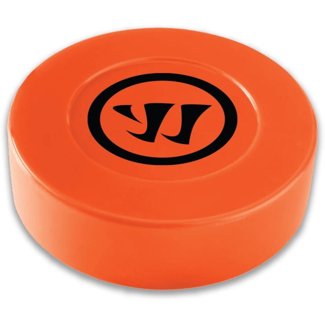 Warrior Street Hockey Puck - Orange, a 3-inch diameter by 1-inch tall bright orange puck with a black Warrior logo on top, crafted with medium density for durability and responsiveness, suitable for street hockey players of all skill levels.