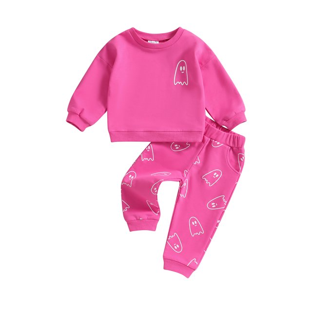 Fortune Toddler Girls Boys Long Sleeve Ghost Print Sweatshirts Long Pants 2Pcs Fall Set, a Halloween-themed toddler girl outfit set featuring a bright pink crew neck sweatshirt with a single ghost print on the chest and matching pink pants with multiple ghost prints. Made from 95% cotton and 5% spandex, this breathable and elastic set is ideal for toddlers aged 6 months to 4 years, perfect for Halloween parties or casual wear.