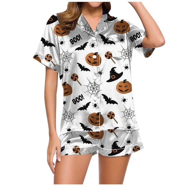 Kcodviy Pyjama Décontracté d'Halloween Imprimé pour Femmes Ensemble Pyjama et Short Ensemble Pyjama Confortable et Chaud Femmes Pyjama Chaud pour Femmes Pyjama d'Hiver Court pour Femmes Pyjamas pour Femmes à Carreaux