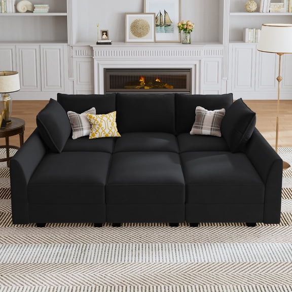 HONBAY 6-Piece Velvet Modular Sectional Sofa Bed with Large Storage Space for Living Room, Velvet Black