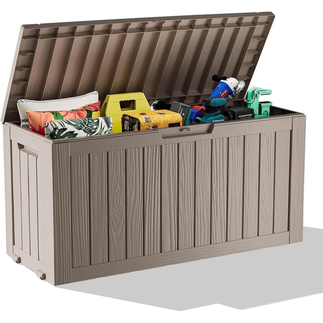 Boîte de Rangement de Terrasse en Résine de 75 Gallons / Contenant Extérieur Verrouillable pour Meubles et Outils de Jardin / Rangement Extérieur Gris Imperméable