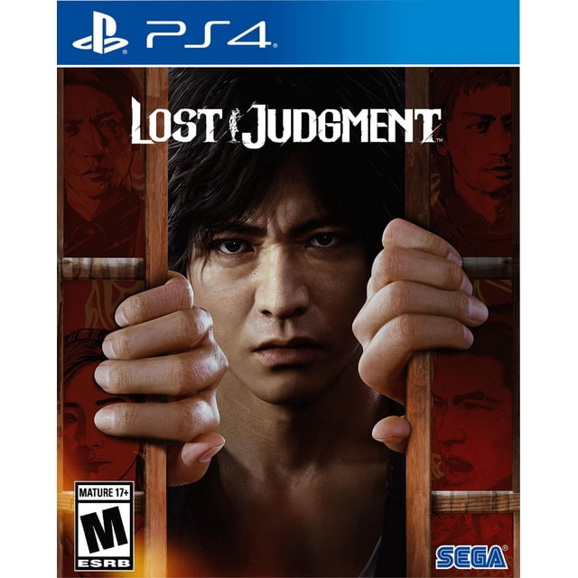 Lost Judgment (PS4) Couverture Illustrant des Barres de prison en Bois Saisies par les Mains sur un Fond Sombre, avec le Titre du Jeu en Texte Blanc au-Dessus et les logos PlayStation 4 et SEGA dans les Coins.