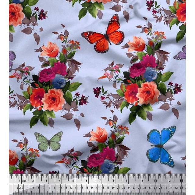 Soimoi Poly Georgette Fabric Leaves, & Peony Floral Printed Fabric 1 Yard 52 Inch Wide
