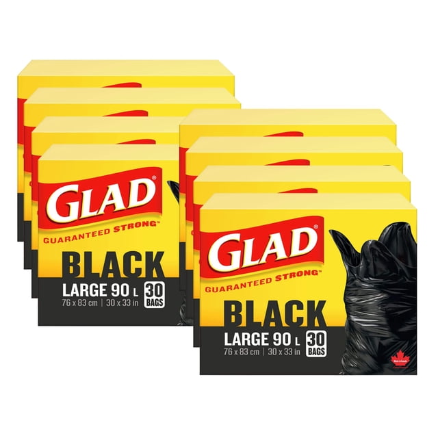 GLAD Sacs à Ordures Noirs - Grands 90 Litres, 30 Sacs par Boîte, Présentés dans un Multipaquet de 8 Boîtes. Chaque Boîte Met en Valeur le logo GLAD, les Poignées Easy-Tie®, et Grande Capacité pour Gérer des Charges de Déchets Substantielles. Convient à la Collecte des Déchets Intérieure et Extérieure.