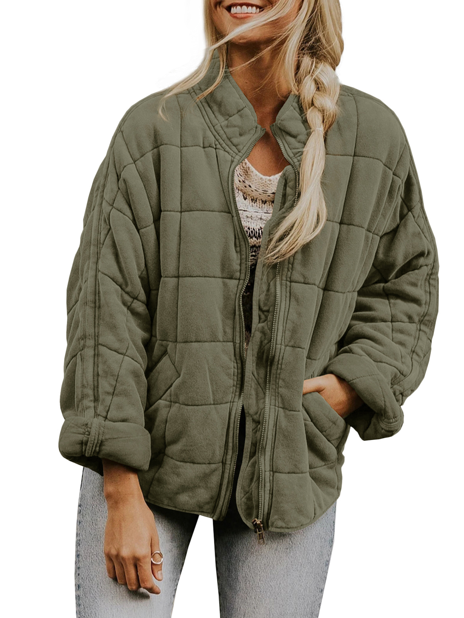 Kmbangi Women Stand Collar Long Sleeve Solid Color Full Zip Quilted Jackets