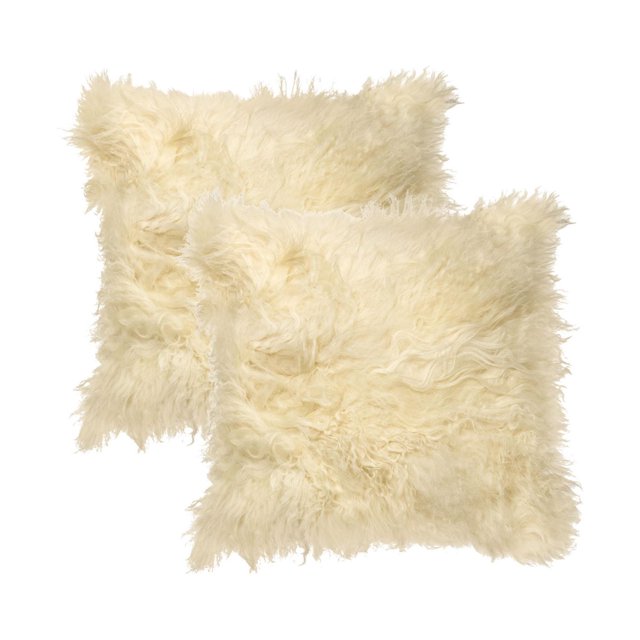MONGOLIAN Peau de Mouton PILLOW 18 Pouces X 18 Pouces Lot de 2 Mettant en Vedette Deux Oreillers Carrés avec Fourrure de Peau de Mouton MONGOLIAN Crème Naturelle à Longs Poils, texture Bouclée dense et envers en Microsuède Doux, Convient pour Ajouter de la Chaleur et une texture Riche à la Déco de la Maison.