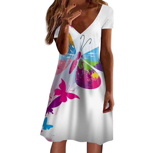 TJAZFJPA Robe d'Été pour Invitée de Mariage Robe d'Été pour Dames à Manches Courtes Robe Mode à Col en V Évasée Fluide Confortable Robe Maxi Robes d'Été pour Femmes Robe Midi Noire