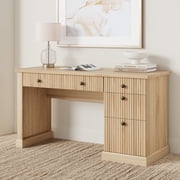 BeesClover 54'' Fluted Home Office Desk with Storage, Modern Executive Desk with Charging Station, Wooden Computer Desk with Drawers for Storage File, Writing Desk for Study, Living Room, Bedroom