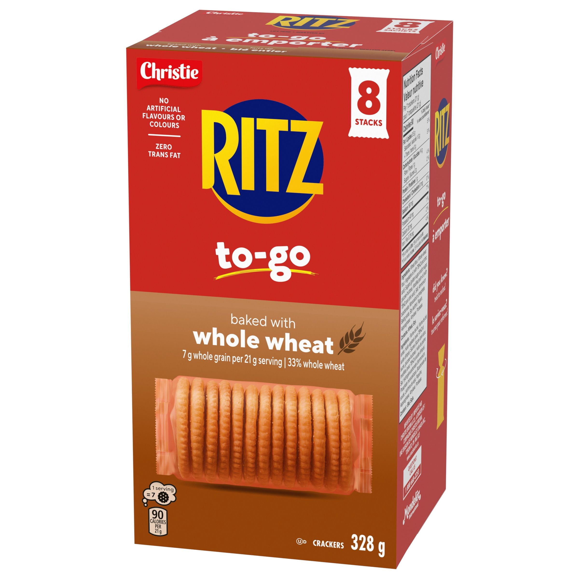 RITZ à Emporter Craquelins Faits de Blé Entier, Lot de 8 Piles de Craquelins Emballées Individuellement, Format Portatif, Collation Pratique à Emporter, Collation pour la Boîte à Lunch & Collation de Voyage 328g