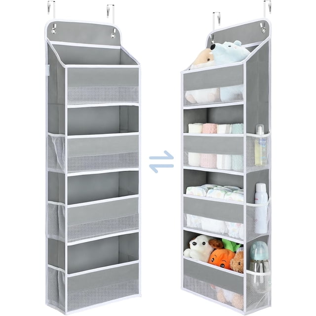 Yecaye 4-Shelf Over-the-Door Hanging Organizer in grey, featuring 4 spacious bins and 6 mesh side pockets for versatile storage. Made from durable, odorless fabric, it holds up to 35.2 lbs and is shown hanging securely on a door with clip-on hooks. The organizer is displayed empty on one side and filled with items like toys, diapers, and bottles on the other, highlighting its use in various rooms such as bedrooms, bathrooms, and dorms.