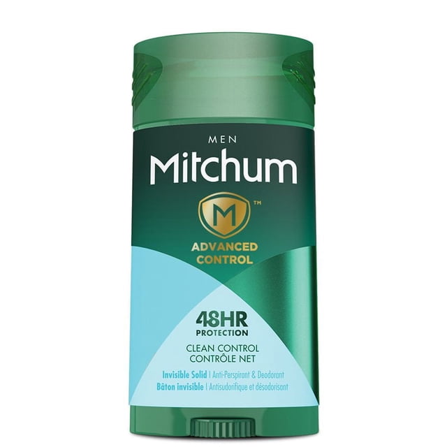 Mitchum Men Invisible Solid Antiperspirant & Deodorant stick in green packaging with 48-hour protection and advanced control technology, dermatologist tested for effective men's antiperspirant sweat and odor defense.