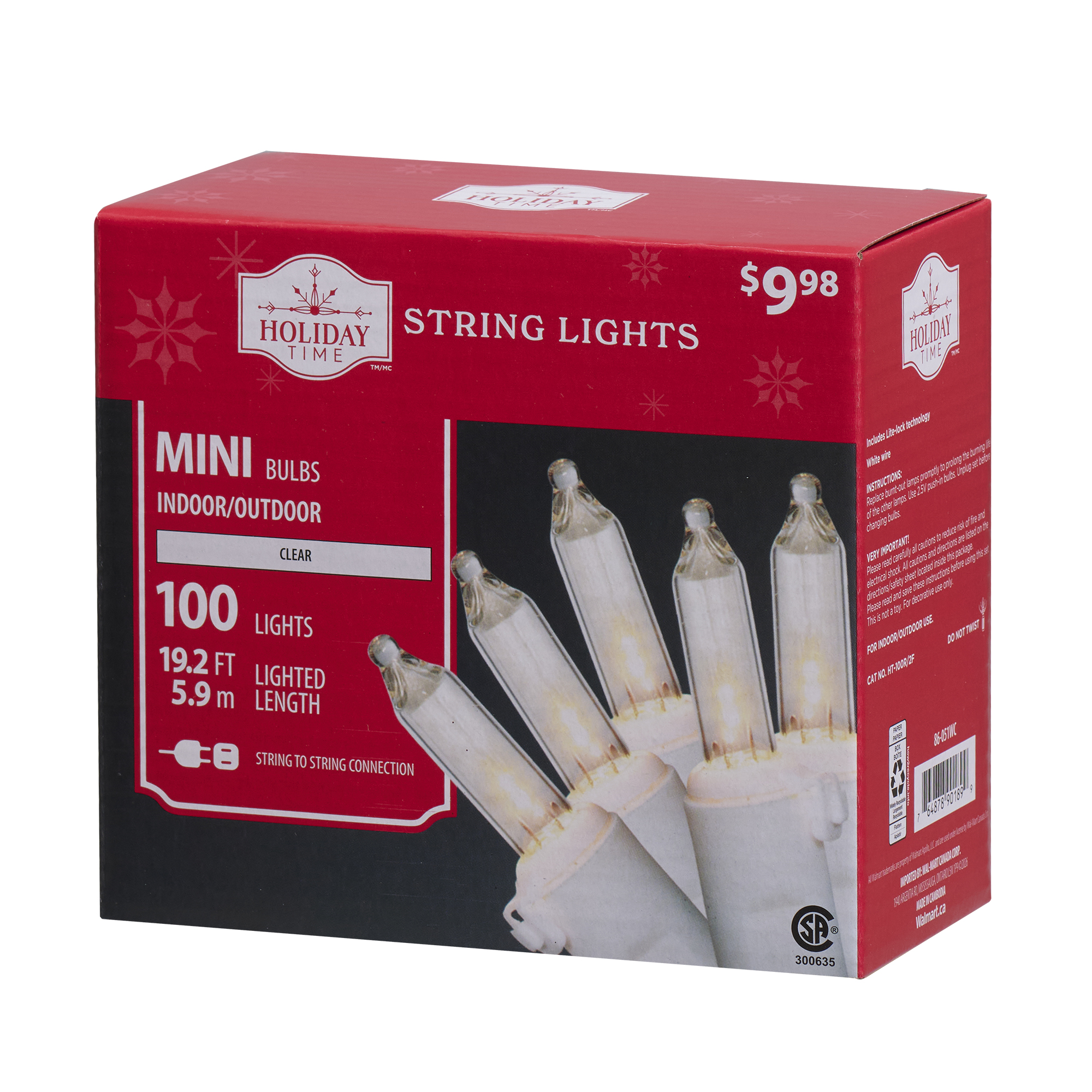 Mini guirlandes de Noël lumineuses dotées de 100 ampoules à incandescence de 19,2 pieds, transparentes, avec fil blanc Holiday Time
