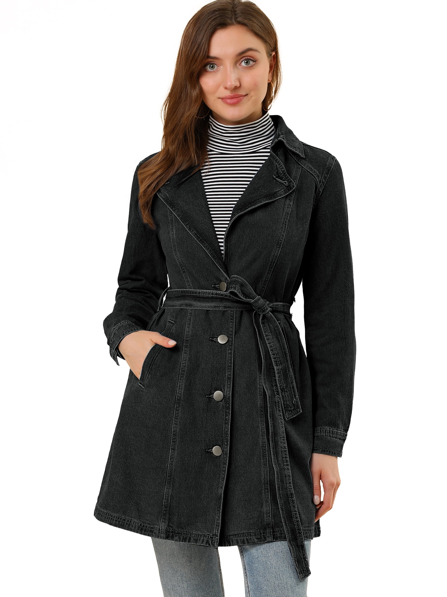 INSPIRE CHIC Women's Notched Lapel Button Front Belted Denim Trenchcoat Jacket