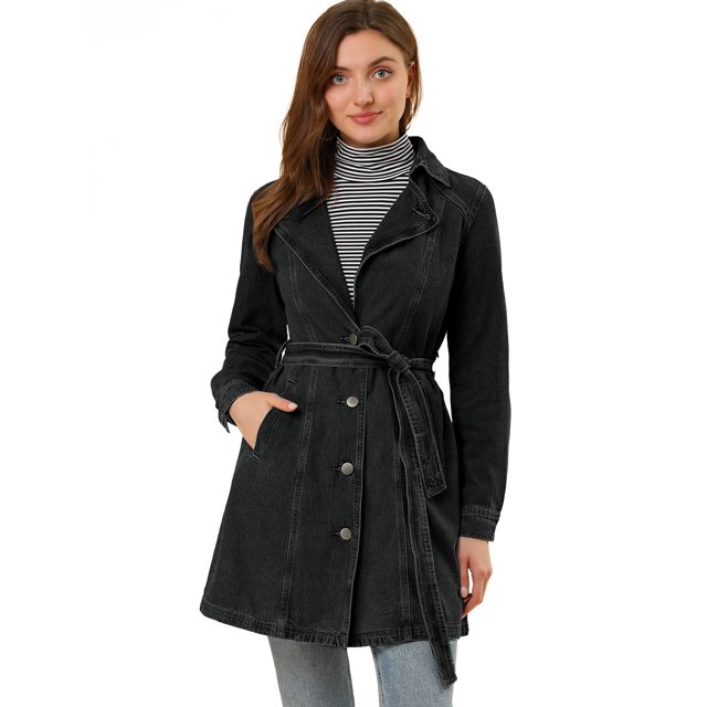 INSPIRE CHIC Women's Notched Lapel Button Front Belted Denim Trenchcoat Jacket