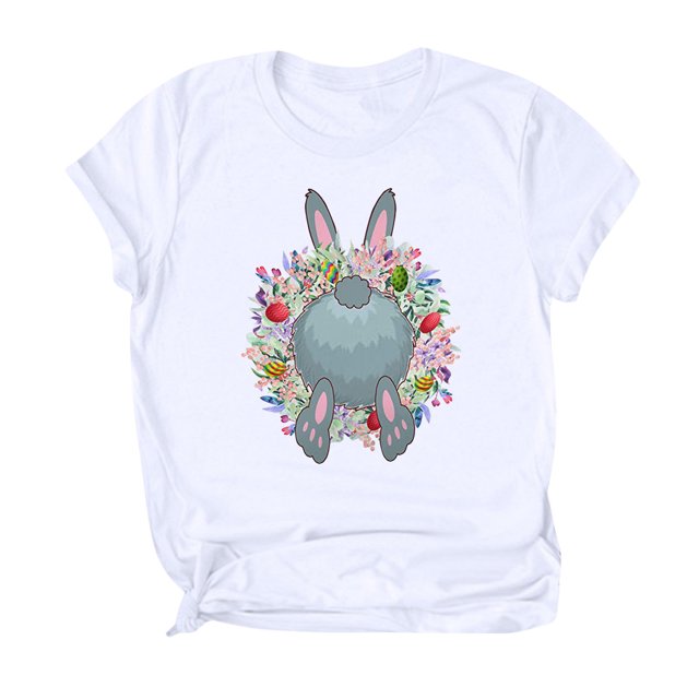 Pompotops Women's Fashion Easter Rabbit Wreath Print O-Neck Loose Short Sleeve Blouse Top