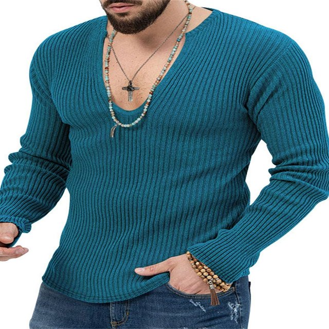Solid Color V Neck Sweater for Men with Long Sleeves and Ribbed Knit Pullover