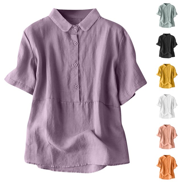 Sentmoon Plus Size Tops Summer Collar Relaxed Linen T-Shirts with Button Solid Color Short Sleeve 90s Outfits for Women Lightweight for Beach Vacation XL
