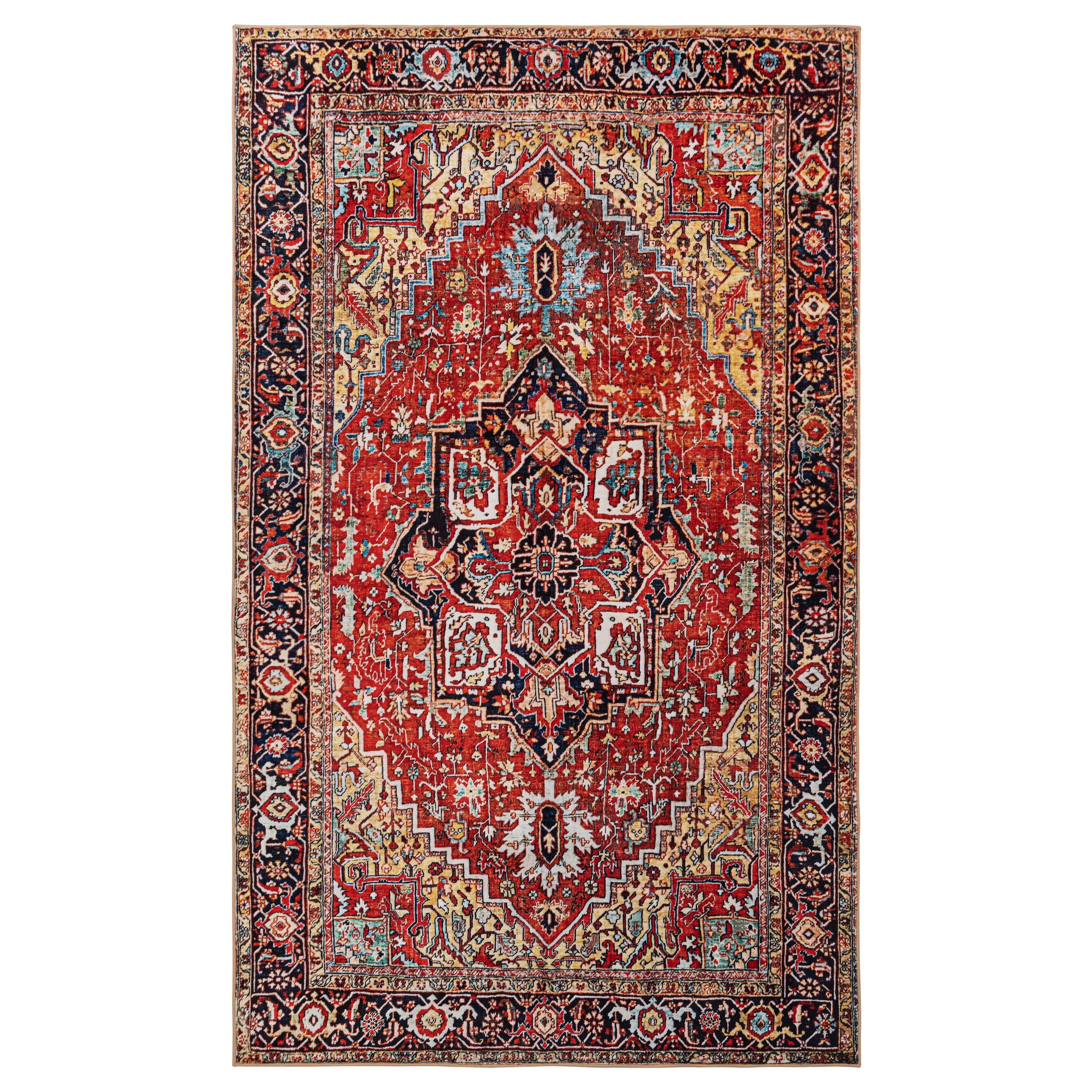 JML Area Rug for Living Room 6'x9' Retro Accent Large Non-Slip Indoor Carpet Yellow & Red Floral Foldable Rugs for Bedroom Office Home Decor