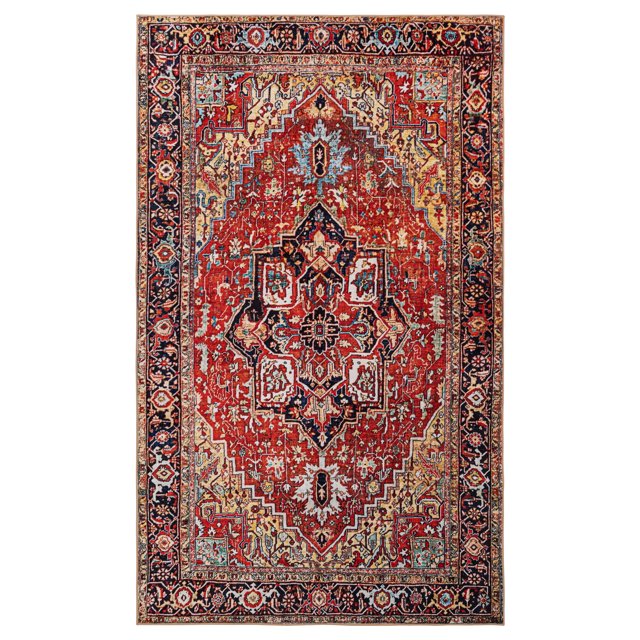 JML Area Rug 4'x6' Retro Accent Non-Slip Indoor Carpet Yellow & Red Floral Foldable Rugs for Living Room Bedroom Office Home Decor