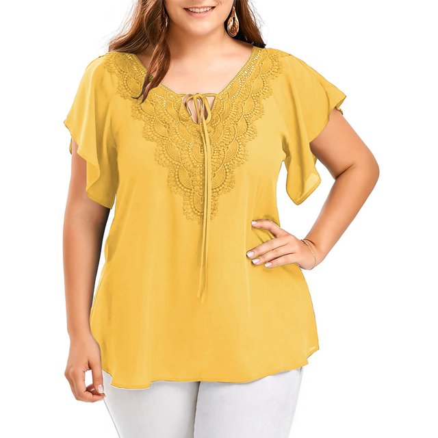MAWCLOS Ladies Tunic Blouse V Neck T Shirt Short Sleeve Chiffon Tops Oversized Holiday Solid Color T-shirt Yellow 4XL
