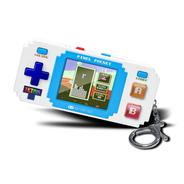 My Arcade - Système de Jeu Portable Pixel Pocket Tetris avec une console Portative Blanche Dotée d'Un Écran Couleur Intégrale de 1,8 Po Affichant le Jeu Tetris, un Pavé Directionnel Bleu, des Boutons orange a et Rouge B, des Commandes de volume et de Démarrage, et un Porte-Clés Métallique Attaché, Convient aux Jeux Électroniques Portatifs.