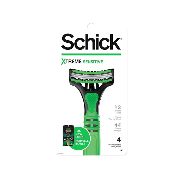Schick Xtreme 3 Mens Sensitive Skin Disposable Razor pack with a green and black razor featuring three flexing blades and dual lubricating strips with aloe and vitamin E, designed for 44 shaves with an ergonomic rubber handle for comfortable grip and sensitive skin protection, suitable for men's grooming and reducing razor burn.