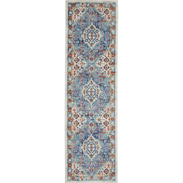 homeroots home decor 385619 2’ x 8’ Ivory and Blue Floral Motifs Runner Rug