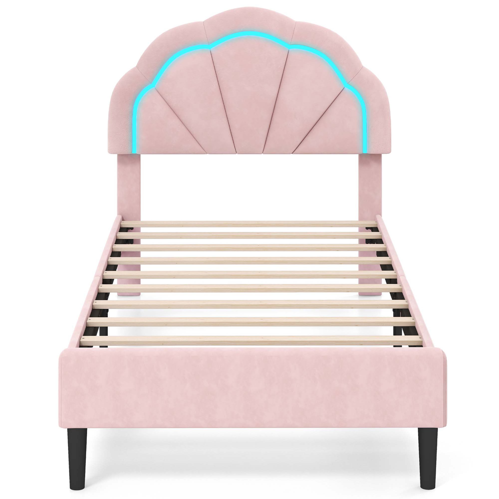 Costway Twin Size Upholstered LED Bed Frame Soft Velvet Platform Bed with Flower Headboard