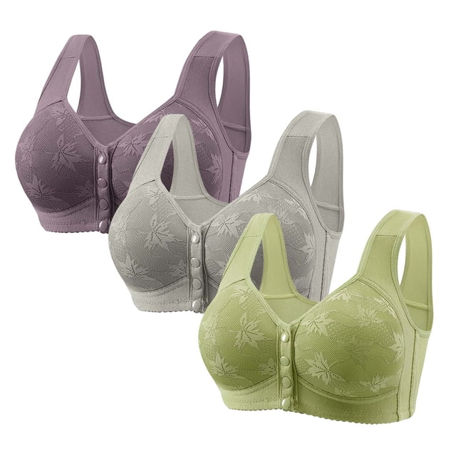 Yanlir 3PCS Everyday Bra for Women's Fashion Button No Underwire Front Closure Comfort Bras Full-Coverage Senior Wireless Snap Closing Bra(Multicolor#1,M)