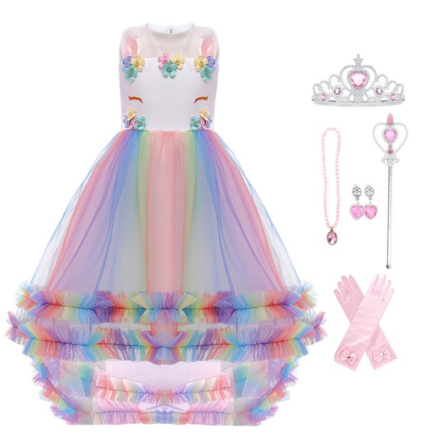 HAWEE Filles Unicorn Costume Princesse Longue Maxi Robe en Tulle à Fleurs pour Fête d'Anniversaire Carnaval Cosplay