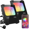 thumbnail image 1 of 15W RGB LED Outdoor Flood Light Controlled by Bluetooth Smartphone, Smart RGB Color LED Spotlight, IP66 Waterproof, 20 Modes 16 Million Colors, for Patio, Garden and Garage 2 Pack [Energy Class A++], 1 of 1