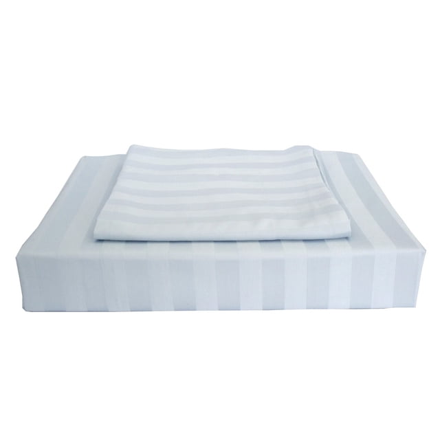 Maholi Bamboo Stripe Sheet Set with fitted and flat sheets folded, featuring light blue and white stripes, made from 100% rayon from bamboo for breathable, soft bed sheets and pillowcases ideal for enhancing sleep comfort.