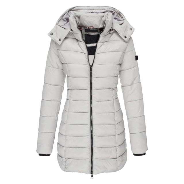 2025 Veste Matelassée Chaude en Coton pour Femmes, Couleur Unie, Décontractée, à Fermeture Éclair Intégrale, avec un long design Ajusté. Cette Veste Légère de Couleur Unie Gris Pâle Comprend une Capuche Amovible, un Col Montant et une Fermeture Éclair. Elle Est Rembourrée pour la Chaleur et l'Isolation, Ce Qui la Rend Adaptée aux Saisons d'Automne et d'Hiver. la Veste a Aussi Deux Poches Latérales pour Plus de Commodité.