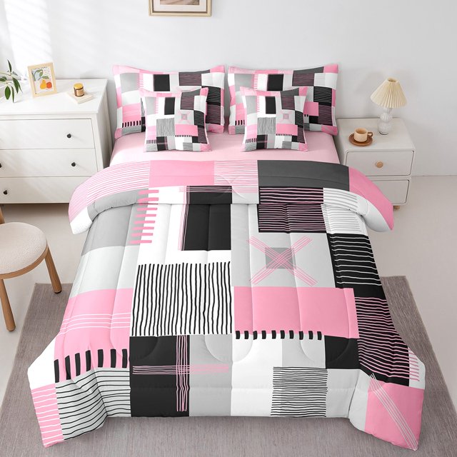 Erosebridal Geometric Stripe Bedding Sets Twin Size,Rectangle Lines Comforter Sets with Sheets,Patchwork Decor,Reversible,7pcs
