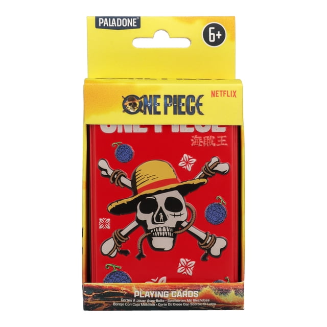 Cartes à Jouer une Pièce en Boîte Métallique Mettant en Vedette une Boîte en Métal Embossée Rouge avec le Chapeau de Paille, Crâne et Os Croisés de Pirates Portant un Chapeau de Paille Jaune, Décorées de Fruits Bleus et de motifs Floraux Blancs, Emballées dans une Boîte Paladone Jaune avec Marquages Netflix et 6+ Ans, Adaptées au poker et aux Jeux en Salle.