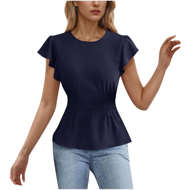 Zpanxa Women's Chiffon Blouse with Flutter Ruffle Sleeves and Fitted Waist, Solid Color Top